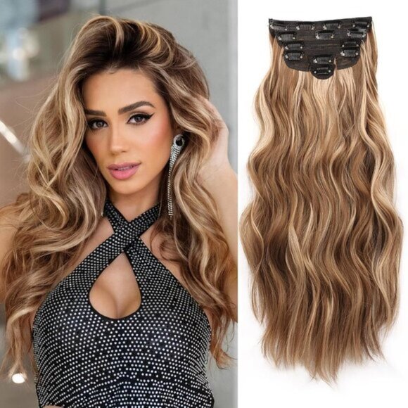 New 6PCS 20" Wavy Curly Brown Mix Blonde Clip-In Hair Extensions for Women